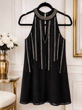 a'gaci Black Beaded Halter Mini Dress